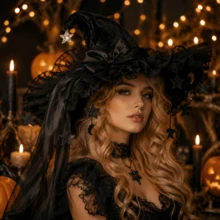 Halloween Witch Hat Gothic Wizard Hat Headwear With Detachable Bow - Black - View 3