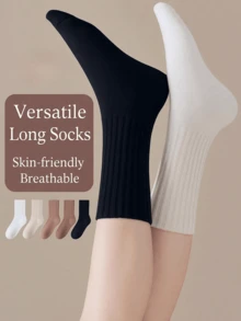 2/5 Pairs Women's Multi-Color Mid-Calf Socks, Couple Socks, Parent-Child Style, High Elasticity, Anti-Bacterial & Odor-Resistant, Soft & Comfortable, All-Season Wear, Breathable Knit Fabric, Simple, Home, Commute, Party, Casual Vacation, Holiday Gift - Multicolor - View 1