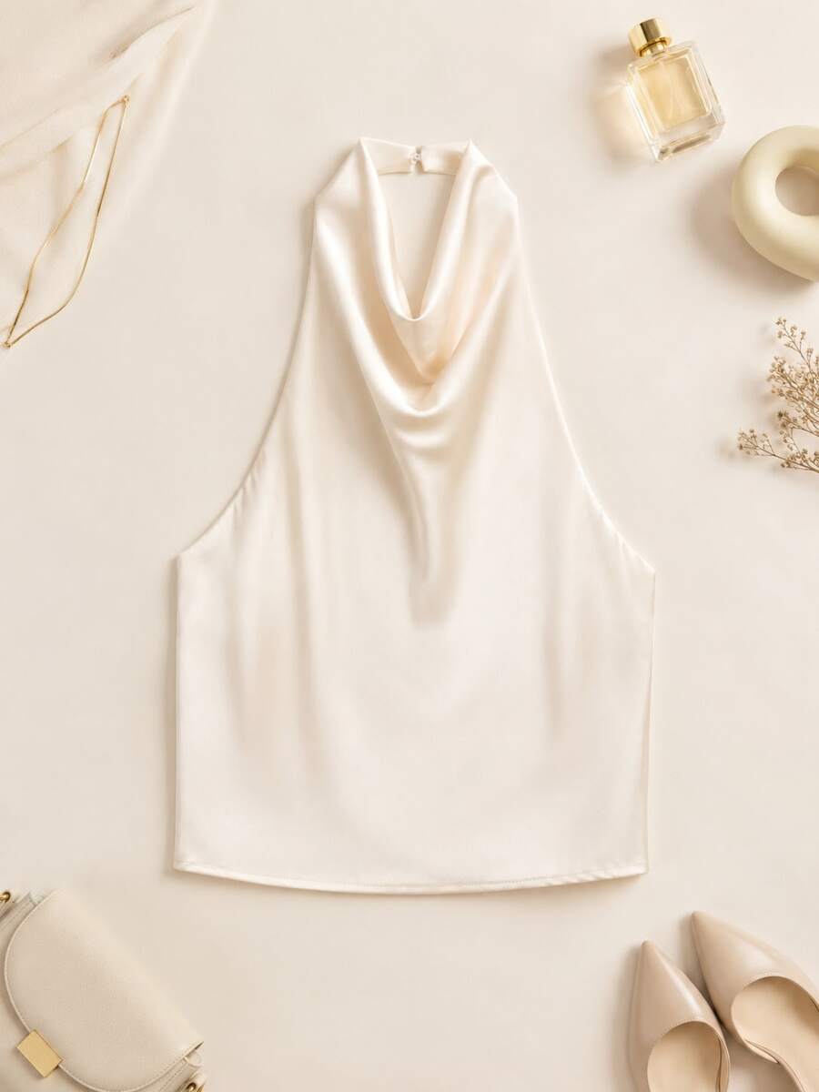 Spring/Summer Solid Color Satin Halter Neck Backless Top - Apricot - View 1