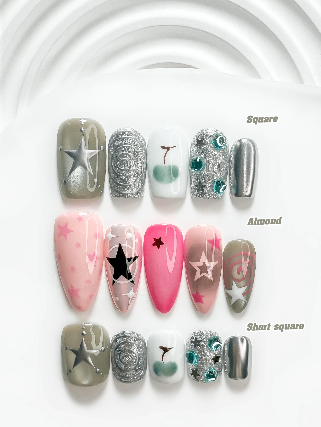10pcs Sweet Style Handmade Press-On Nails, Polygel Nail Art Set, Star, Apple, Diamond Elements, Pink, Green, Silver, Black, White Nail Polish, Unique Style, Includes Nail Tools, 3 Sizes Available, Square, Short Square, Almond Shape, Suitable For Party, Dancing, Daily Wear - 彩色 - 查看 1