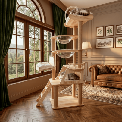 Multi-Level Cat Tree With Acrylic Pods & Sisal Posts – 74.8in Tall Cat Climbing Tower For Indoor Cats, Features Cozy Hideaway Condo, Padded Lounging Deck & Premium Top Perch