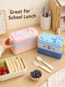 Cute Cartoon Double-Layer PP Portable Lunch Box, Patterns Include Unicorn, Dinosaur And Seal; Perfect For School, Picnic, Outing And Holiday Use. - Multicolor - View 11