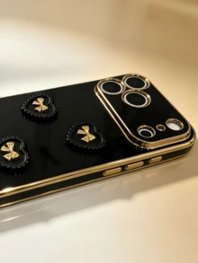 3D Gold Bow Heart Glossy Plating Phone Case With Lanyard, Coquette Aesthetic Luxury Black Gold Shockproof Protective Cover Compatible With IPhone 17/16/15/14 Pro Max & S25 Ultra/S24/S23/A Series, Ins Korean Sweet Cool Anti-Drop Phone Shell Gift For Women - Black - View 3