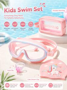 Set Kacamata Renang Anak Bingkai Besar, Topi Renang Kartun Unicorn, Penjepit Hidung, dan Tas Penyimpanan Transparan Portabel, Kombinasi untuk Hari Pertama Sekolah - Berwarna merah muda - View 2