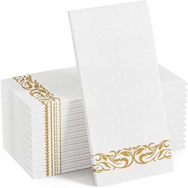 25/50/75/100 Pack Linen Feel Disposable Bathroom Napkins, Guest Towels, Disposable Bathroom Soft Absorbent Tissues, Disposable Hand Towels, For Bathroom, Party, Wedding, Dinner, Gold, 12 X 17 Inch