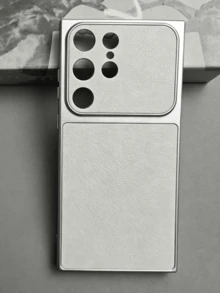 奢華荔枝紋皮革軟質防震手機殼，適用於 Galaxy S26 Ultra S25 Ultra S24 Ultra S23 Ultra S22 Ultra，大窗設計，銀色邊緣電鍍保護殼 - 白色 - 查看 6