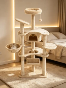1pc Multi-Functional Integrated Cat Tree, Equipped With A Hanging Hammock And Viewing Platform, Made Of Wear-Resistant Sisal, Suitable For Adult And Kitten Cats For Indoor Use. - Khaki - View 6