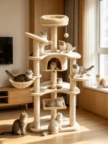 1pc Multi-Functional Integrated Cat Tree, Equipped With A Hanging Hammock And Viewing Platform, Made Of Wear-Resistant Sisal, Suitable For Adult And Kitten Cats For Indoor Use. - Khaki - View 5
