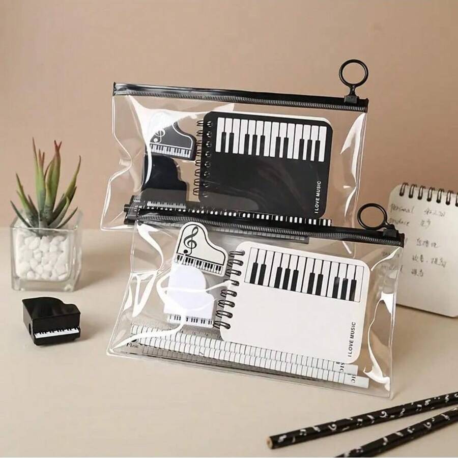 7-Piece Music Theme Stationery Set, Musical Note Pocket Notebook, Piano Design, Includes Mini Notebook, Ruler, Pencil Sharpener, Eraser, Pencil And Pencil Case, School Supplies, Ideal Gift For Stationery Lovers - A - View 1
