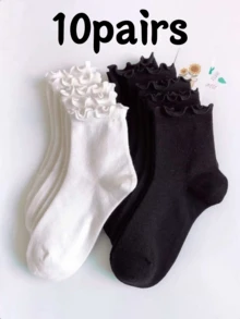 10 Pairs Women's Black And White Solid Color Ruffle Trim Casual Versatile Mid-Calf Socks - Black and White - View 13