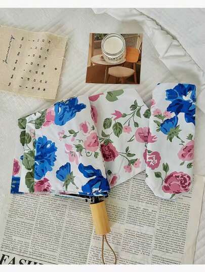 Floral Series Manual Minimalist Fashion Black Vinyl UV Protection Sunscreen Umbrella Suitable For Outdoor Travel, Dual Use For Sunny And Rainy Days
