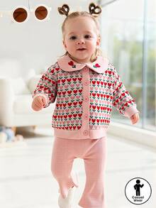 Bộ 2 món cho bé gái gồm áo cardigan tay dài cổ Peter Pan họa tiết jacquard hình trái tim và quần ống loe, trang phục thường ngày - Hồng - Xem 7