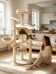 1pc Multi-Functional Integrated Cat Tree, Equipped With A Hanging Hammock And Viewing Platform, Made Of Wear-Resistant Sisal, Suitable For Adult And Kitten Cats For Indoor Use. - Khaki - View 3