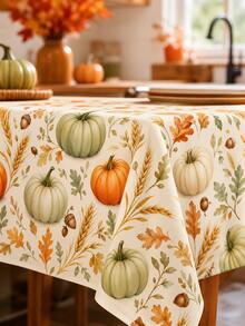 1 pieza - Mantel de poliéster con estampado de cosecha de calabaza y cáscara de maíz, cubierta de mesa rectangular, adecuada para Acción de Gracias, otoño y decoración de cocina de estilo granja. - calabaza - Ver 13