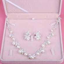 Set Perhiasan Pernikahan Pengantin, Kalung Mahkota dan Anting-Anting, Aksesori Mutiara Pernikahan Kelas Atas, Juga Cocok untuk Acara Dansa, Pesta Ulang Tahun, dan Gaun Pengantin. - Perak - View 2