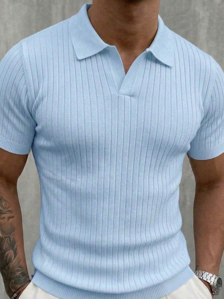 Men's Solid Color Casual Turn-Down Collar Short Sleeve Knit Top