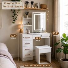 2-In-1 White Vanity Desk Set With LED Lighted Mirror & Stool, 5 Drawers, Lockable Drawer, Hidden Storage Shelves, Makeup Vanity Table For Bedroom, Gift For Women & Girls - White - View 10