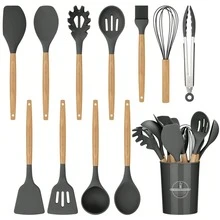 Silicone Kitchen Utensils Set With Wooden Handle, Non-Stick Cooking Tools, Including Scraper, Kitchen Gadgets For Home Cooking - Multicolor - View 9
