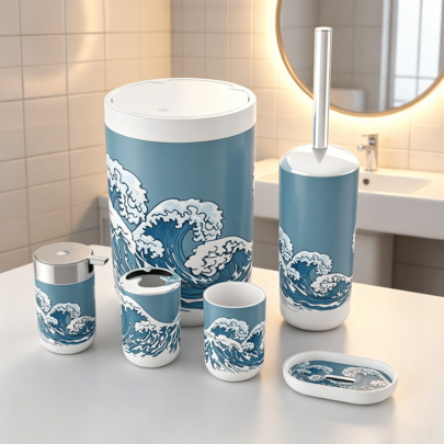 Conjunto de Casa de Banho com Design de Padrão de Ondas, Balde do Lixo, Escova de Sanita, Copo para Enxaguante Bucal, Caixa Dispensadora de Sabão, Porta-Escovas de Dentes, Frasco de Sabão para as Mãos, Tapete de Casa de Banho, Tapete de Chão, Espelho Redondo, Artigos de Higiene Doméstica para Casa de Banho