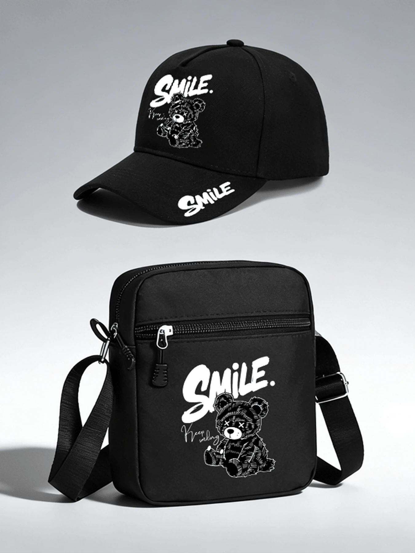 1pc/2pcs "Smile Bear" Letter Pattern Design Printed Unisex Curved Brim Baseball Cap And Crossbody Bag, Street Fashion Outdoor Sports Baseball Cap And Bag, Adjustable, Gift For Yourself Or Friends - Multicolor - View 1