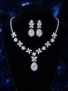 3pcs Cubic Zirconia Women's Jewelry Bridal Wedding Jewelry Square Sugar Necklace Earrings Dress Accessories Suitable For Birthday Evening Party - Silver - View 1