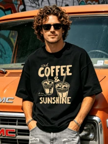 Herren Sommer Lässig weiches Rundhals Kurzarm-Shirt,Beige Eiskaffee Sonnenaufgang Muster Grafik geeignet für den täglichen Gebrauch. - Schwarz - Übersicht 3