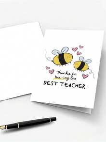 1pc "Great Teacher" Thank You Card, Cute Bee Design With Gold Glitter Accents, Suitable For Teachers, Mentors, Coaches, Students Expressing Deep Gratitude, Teacher Appreciation Gift, Playful Design, Personalized Touch, Teacher Gift - B - View 3