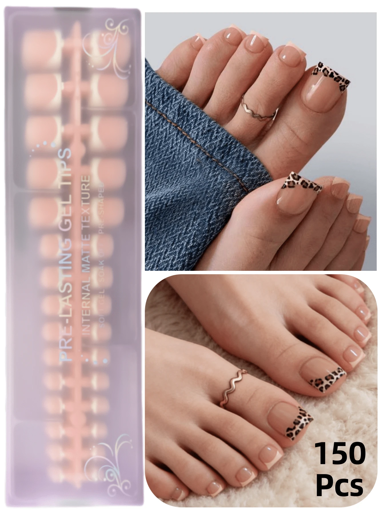 150pcs Short Square Wearable Toe Nail Tips, Brown Leopard Skin Tone French Edge Soft Gel Nails, DIY Fake Nails, Minimalist Versatile, 15 Sizes, Suitable For Women