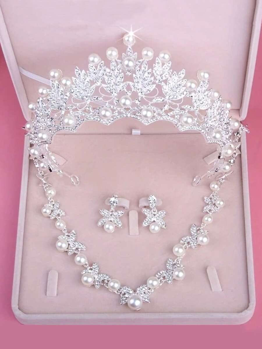 Set Perhiasan Pernikahan Pengantin, Kalung Mahkota dan Anting-Anting, Aksesori Mutiara Pernikahan Kelas Atas, Juga Cocok untuk Acara Dansa, Pesta Ulang Tahun, dan Gaun Pengantin. - Perak - View 1