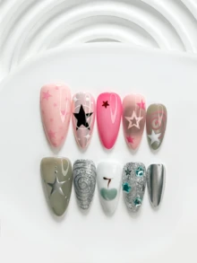 10pcs Sweet Style Handmade Press-On Nails, Polygel Nail Art Set, Star, Apple, Diamond Elements, Pink, Green, Silver, Black, White Nail Polish, Unique Style, Includes Nail Tools, 3 Sizes Available, Square, Short Square, Almond Shape, Suitable For Party, Dancing, Daily Wear - 彩色 - 查看 13