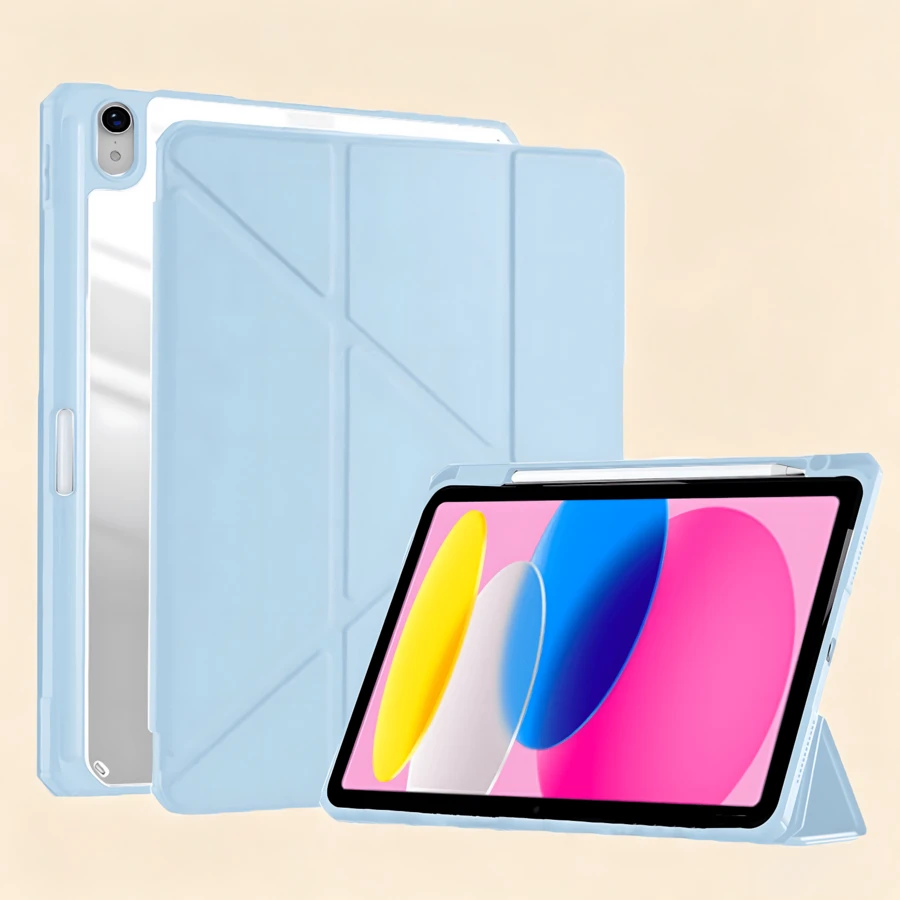 適用於 iPad 11 代 A16 時尚 Y 型折疊平板保護殼，高透明壓克力背板，可自定義 DIY，防震全包防摔，PU 皮革，相容 iPad Air 11、9 代 10.2 吋、8 代 10.2 吋、Pro 11、10 代平板保護殼