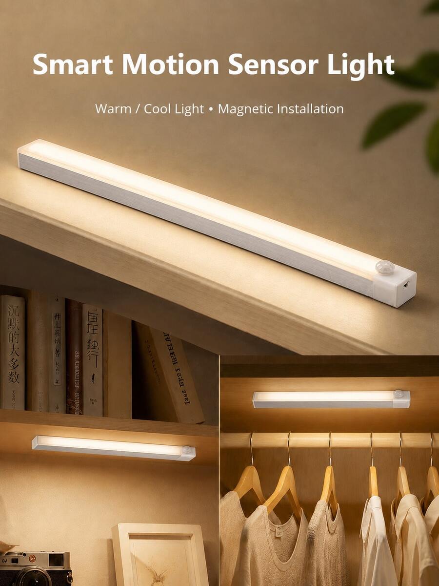 USB充電式感應夜燈,無線LED燈條燈,暖光/白光可選,磁吸式閱讀燈,適用於臥室、廚房、櫥櫃、衣櫃、樓梯與走廊 - 白色 - 查看 1