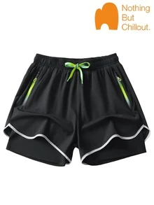 NBCT Men's Double Layer Lining Sports Shorts, Summer Anti-ExposureBermuda Shorts, Outdoor Hiking, Fitness, Running, Drawstring, Zipper Pocket, Casual Pants - Black - View 2