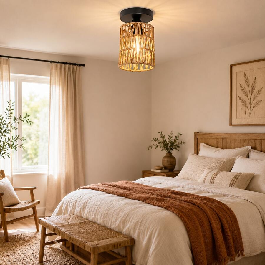 1PC, Woven Rattan Ceiling Light, Rustic Style Flush Mount Light Fixture, Bohemian Style Flush Mount Light, Paired With Handwoven Rattan Lampshade, E27 Socket, Suitable For Living Room, Bedroom, Entryway, Hallway And Dining Room Light, Bulb Not Included - Black - View 1