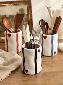 1pc Vintage Ins Style Heart Striped Wavy Resin Utensil Holder, Cute Farmhouse Kitchen Countertop Cutlery Organizer - Multicolor - View 11