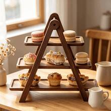 1pc 3-Tier Solid Wood Dessert Display Stand, Rectangular Wooden Pastry Tray, Foldable Cake & Bread Storage Rack, Birthday Wedding Party Gathering Decoration Ornament - Camel - View 5