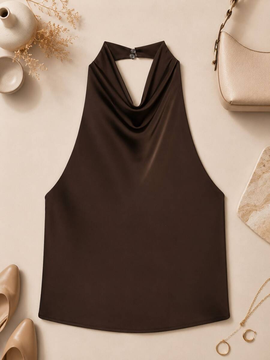Top de satén de unicolor con cuello halter y espalda descubierta para primavera/verano - Café integral - Ver 1