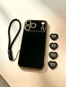 3D Gold Bow Heart Glossy Plating Phone Case With Lanyard, Coquette Aesthetic Luxury Black Gold Shockproof Protective Cover Compatible With IPhone 17/16/15/14 Pro Max & S25 Ultra/S24/S23/A Series, Ins Korean Sweet Cool Anti-Drop Phone Shell Gift For Women - Black - View 5