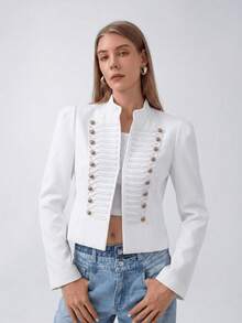 HZXVIC 女款新款復古優雅修身正式辦公外套，誇張肩部設計與假鈕扣設計 白色 - 白色 - 查看 5
