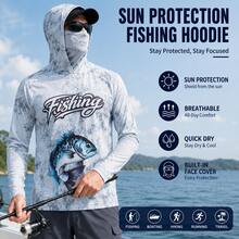 Men's Gray Fish Pattern Hooded Fishing Shirt With Face Mask, Long Sleeve Sun Protection Top Sports Fall - Silver - View 3