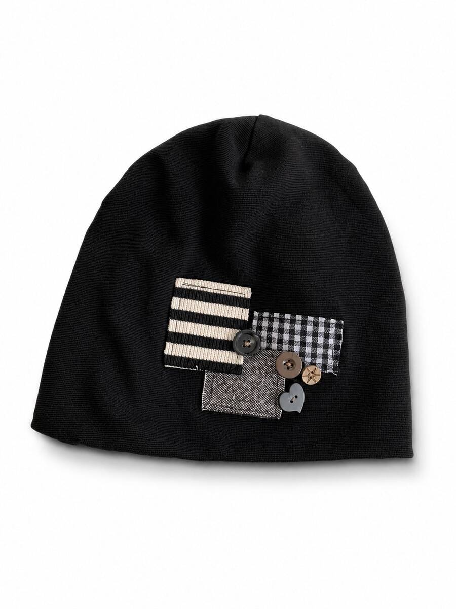 Patchwork Button Decor Slouchy Beanie For Women, Plaid & Striped Applique Loose Knit Cold Weather Hat, Japanese Street Style Oversized Headwrap, Spring/Autumn Face-Slimming Versatile Soft Ear-Covering Hat - Multicolor - View 1