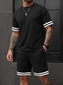 FRACTYR Men's Summer American College Style Graphic Crew Neck Short Sleeve T-Shirt And Drawstring Shorts Set, Suitable For Summer Wear - Black - View 4