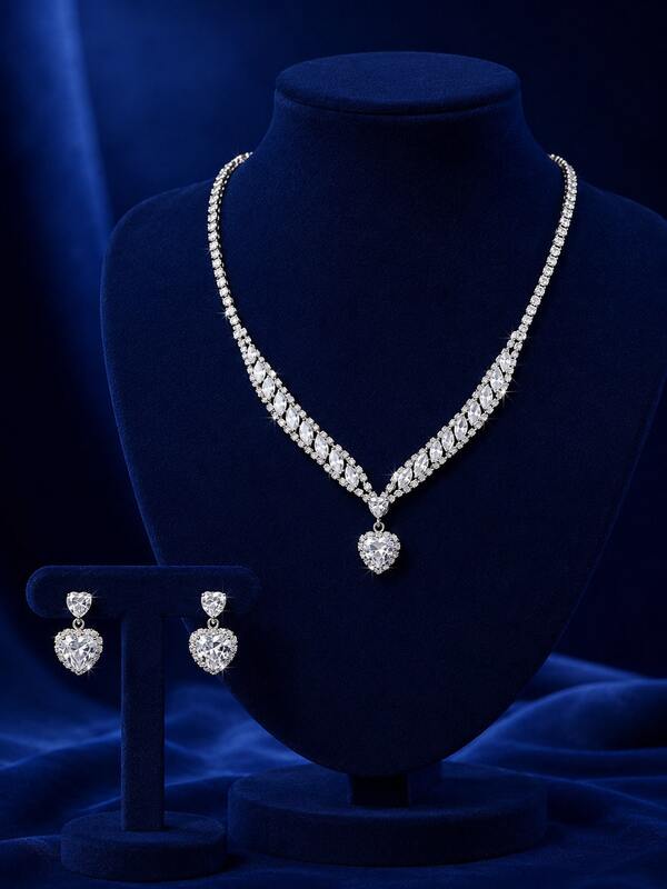Juego de 3 piezas de collar y pendientes de novia con brillantes de strass y circonita, adecuado para boda, baile, fiesta de noche, fotografía de cosplay de princesa, joyería decorativa versátil y de moda
