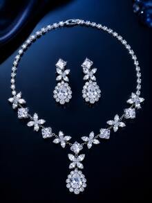3pcs Cubic Zirconia Women's Jewelry Bridal Wedding Jewelry Square Sugar Necklace Earrings Dress Accessories Suitable For Birthday Evening Party - Silver - View 4