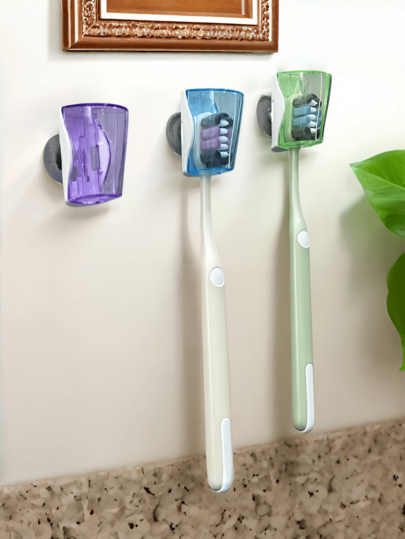 1pc No-Drill Suction Cup Toothbrush Holder Wall-Mounted Travel Toothbrush Storage Box Electric Toothbrush Dust Cover Open-Close Toothbrush Head Cap Portable Bathroom Washroom Organizer