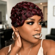 Natural Short Wave Pixie Cut Wig Human Hair, Brown Honey Blonde Highlight Human Wigs, Full Machine Made Human Hair For Daily - Multicolor - View 6