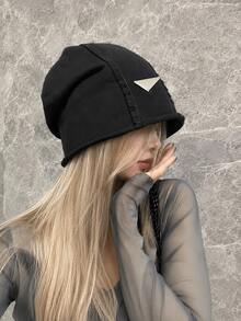 Y2K Street Style Triangle Metal Plate Decor Slouchy Beanie, Frayed Hem Loose Large Head Circumference Soft Hip-Hop Slimming Headwrap Hat, Versatile Girls Daily Atmosphere Beanie - Multicolor - View 3