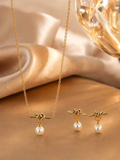 VceTd 3PCS Fashionable Elegant Style Stainless Steel Women's Jewelry Set With Knotted Design And Plastic Pendant, Suitable For Daily Wear, Holiday Outings, Beach Vacations, Festival Parties, Evening Events, Or As A Holiday Gift For Women Or Loved Ones