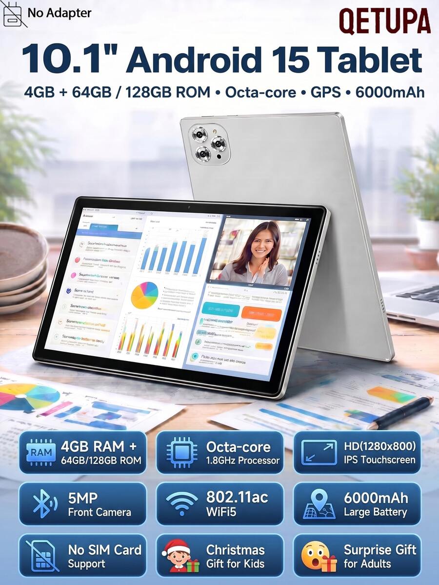 Qetupa M9-4 10.1吋 Android 15 平板電腦，4GB RAM+64GB/128GB ROM，八核心 1.8GHz 處理器，HD (1280x800) IPS 觸控螢幕，BT 5.2 & 802.11ac WiFi5，GPS，5MP 前置鏡頭 & 13MP 後置鏡頭，6000mAh 大容量電池，不支援 SIM 卡（無適配器）