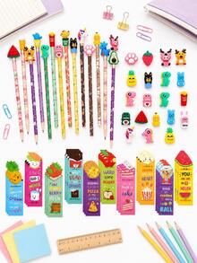 34pcs-Inspiring Fruit Bookmarks And Pencils With Cute Toppers, Fun Pencils, Fruit Food Themed Bookmarks, Cartoon Pen Caps, First Day Of School - Multicolor - View 10